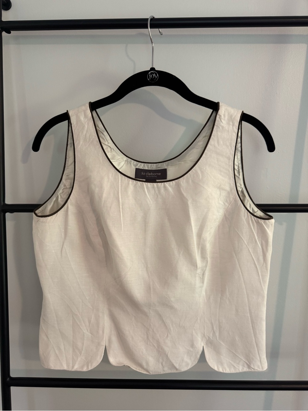 Vintage 90s Liz Claiborne White Scalloped Crop Tank Top w/ Brown Trim, Small 6P